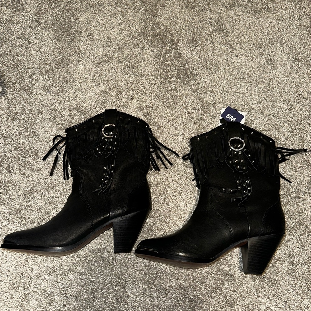 Santa Fe Boot Co Black Rhinestones Fringe Heeled Boots Size 8M - Picture 2 of 10